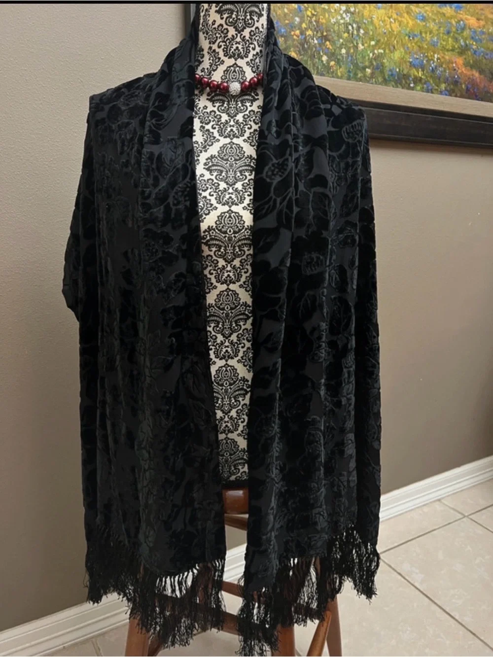 Black Velvet Floral Fringe Shawl